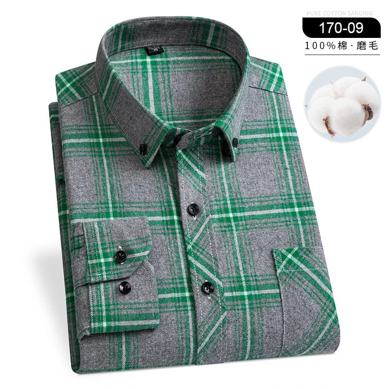  Showlu Fashion Store 170-09 / 44 4XL Winter Men's Plaid Casual Shirts Cotton Warm Flannel Long Sleeve Front Pocket Fashion Clothing Businessman Daily Shirts Easycare