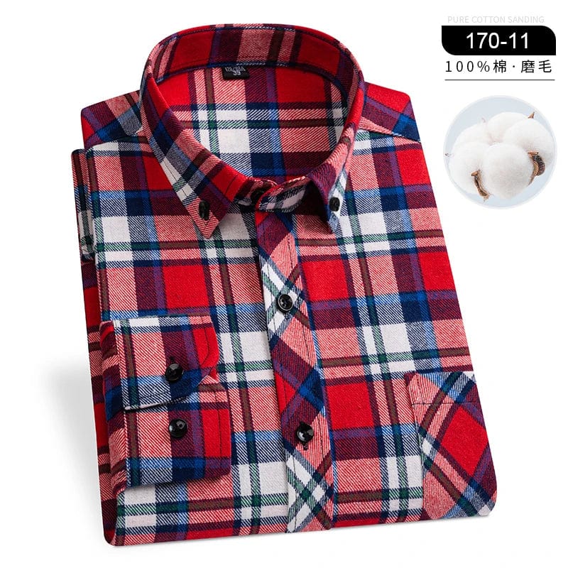  Showlu Fashion Store 170-11 / 45 5XL Winter Men's Plaid Casual Shirts Cotton Warm Flannel Long Sleeve Front Pocket Fashion Clothing Businessman Daily Shirts Easycare