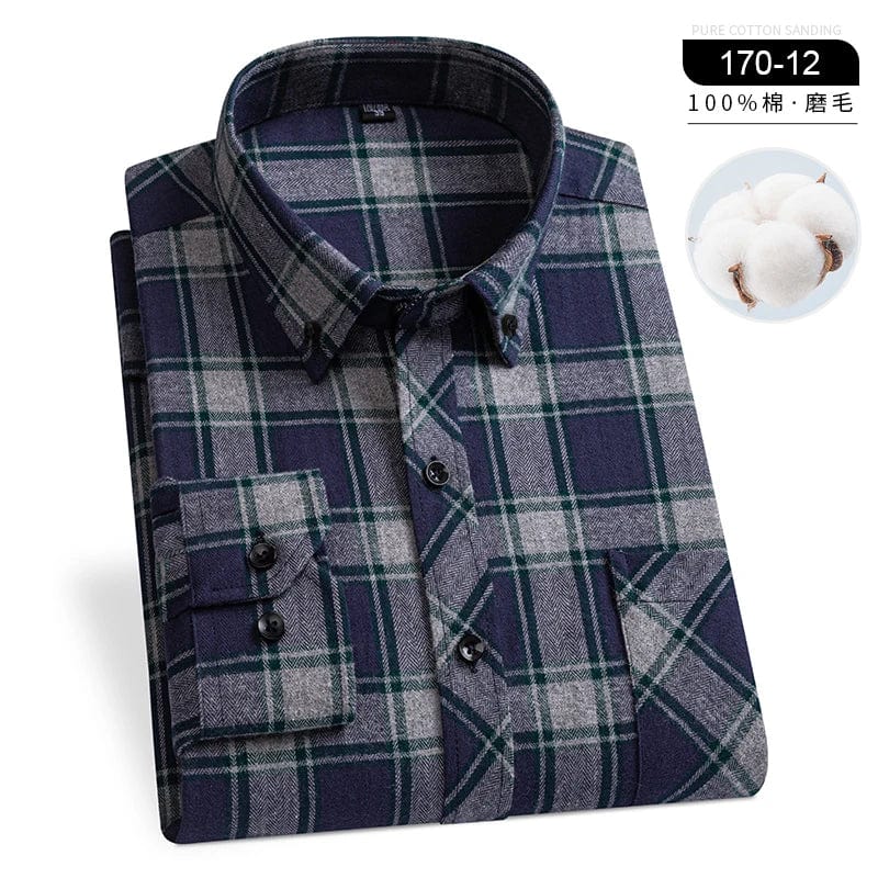  Showlu Fashion Store 170-12 / 44 4XL Winter Men's Plaid Casual Shirts Cotton Warm Flannel Long Sleeve Front Pocket Fashion Clothing Businessman Daily Shirts Easycare