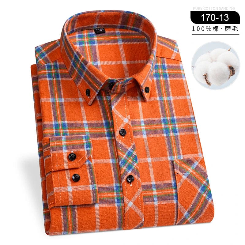  Showlu Fashion Store 170-13 / 44 4XL Winter Men's Plaid Casual Shirts Cotton Warm Flannel Long Sleeve Front Pocket Fashion Clothing Businessman Daily Shirts Easycare