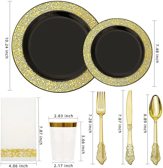 Showlu Fashion Store 175 Piece  Black White and Gold lace Dinnerware Set 25 Guests, ANXTO Disposable Dinnerware Set for Wedding Birthday Party