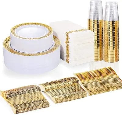 Showlu Fashion Store 175 Piece Disposable Tableware Set Jinge Plastic Plate Plastic Silverware Plastic Cup Hemp Gold Paper Towel Golden Tableware Set