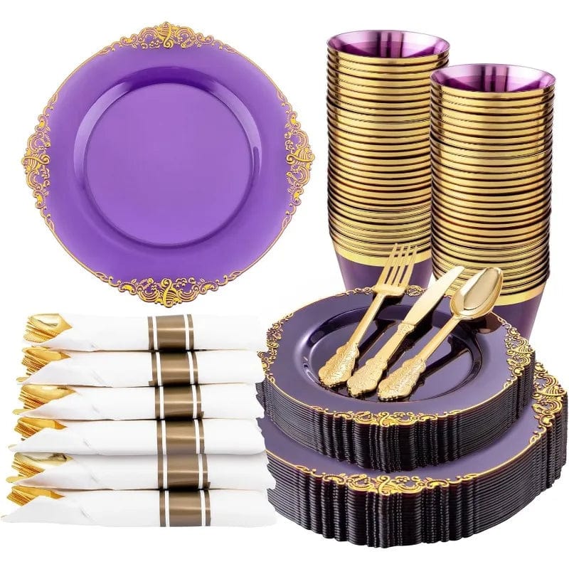 Showlu Fashion Store 175PCS Black and Gold Plastic Plates - Disposable Black Party Plates & Pre Rolled Napkins with Cutlery