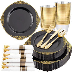 Showlu Fashion Store 175PCS Black and Gold Plastic Plates - Disposable Black Party Plates & Pre Rolled Napkins with Cutlery