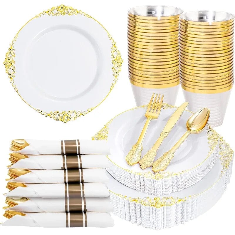 Showlu Fashion Store 175PCS Black and Gold Plastic Plates - Disposable Black Party Plates & Pre Rolled Napkins with Cutlery