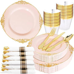 Showlu Fashion Store 175PCS Plastic Plates - Disposable Party Plates & Pre Rolled Napkins with Cutlery for 25 Guests, Plates, Silverware, Cups,Napkin