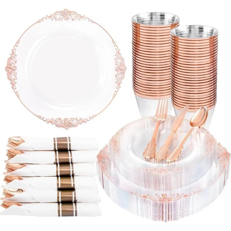 Showlu Fashion Store 175PCS Plastic Plates - Disposable Party Plates & Pre Rolled Napkins with Cutlery for 25 Guests, Plates, Silverware, Cups,Napkin