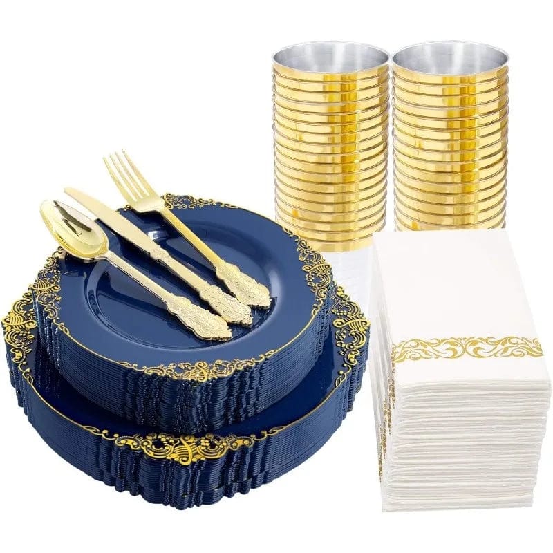 Showlu Fashion Store 175PCS Plastic Plates - Disposable Party Plates & Pre Rolled Napkins with Cutlery for 25 Guests, Plates, Silverware, Cups,Napkin