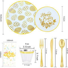 Showlu Fashion Store 175PCS Solid Gold Plastic Plates with Gold Rim，Disposable Silverware Include25 Dinner Plates,25 Dessert Plates, 25 Forks