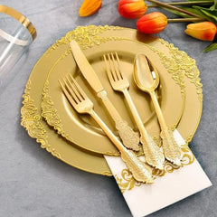 Showlu Fashion Store 175PCS Solid Gold Plastic Plates with Gold Rim，Disposable Silverware Include25 Dinner Plates,25 Dessert Plates, 25 Forks