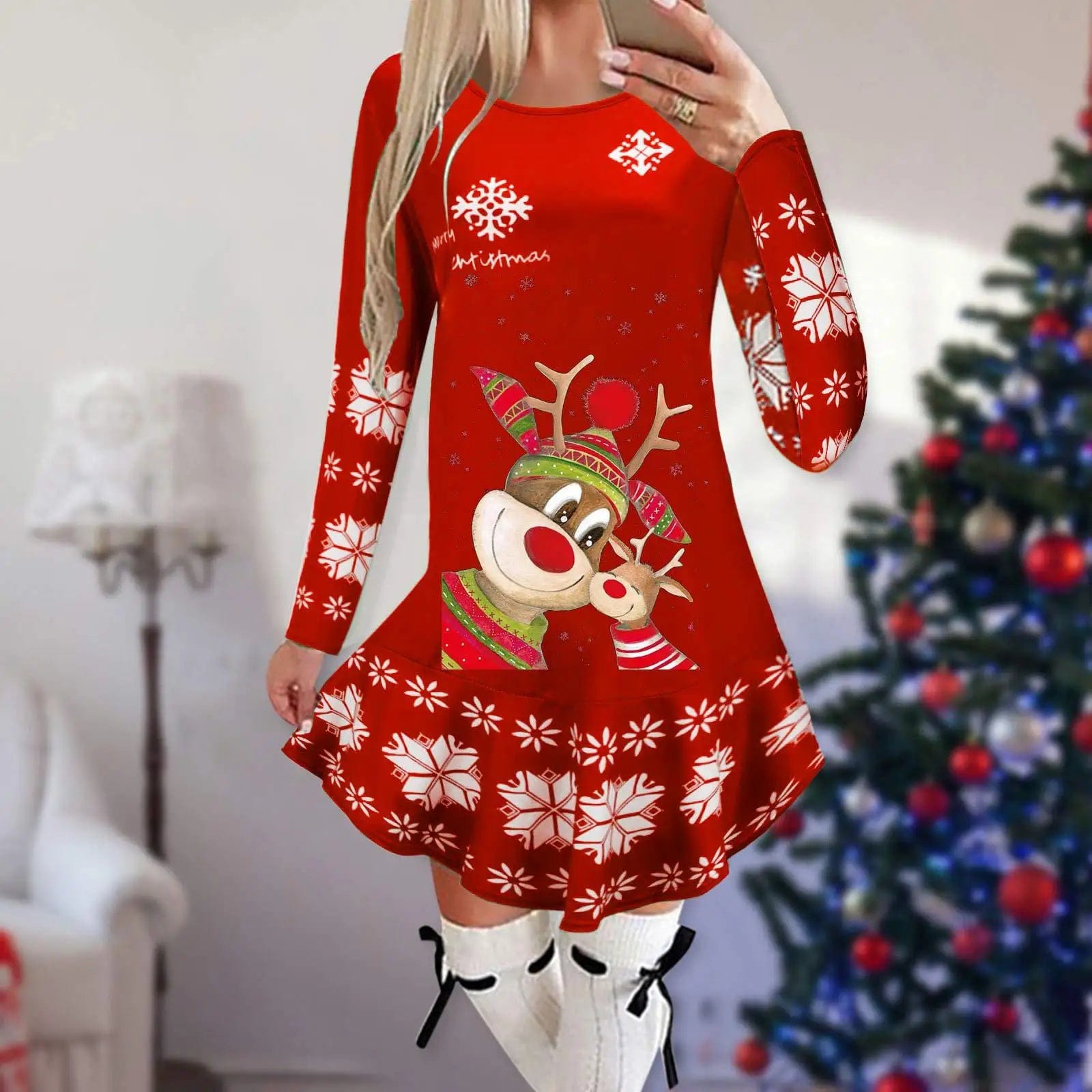 Showlu Fashion Store 18 / M Christmas Dresses for Women Elk Print Long Sleeve Mini Dress Autumn Winter Fashion Ladies Holiday Mini Dresses New Year 2024