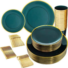 Showlu Fashion Store 180pcs Clear Green Plastic Plates,Disposable Plastic Dark Green Plates,Plastic Emerald Green Plates and Gold Plastic Dinnerware