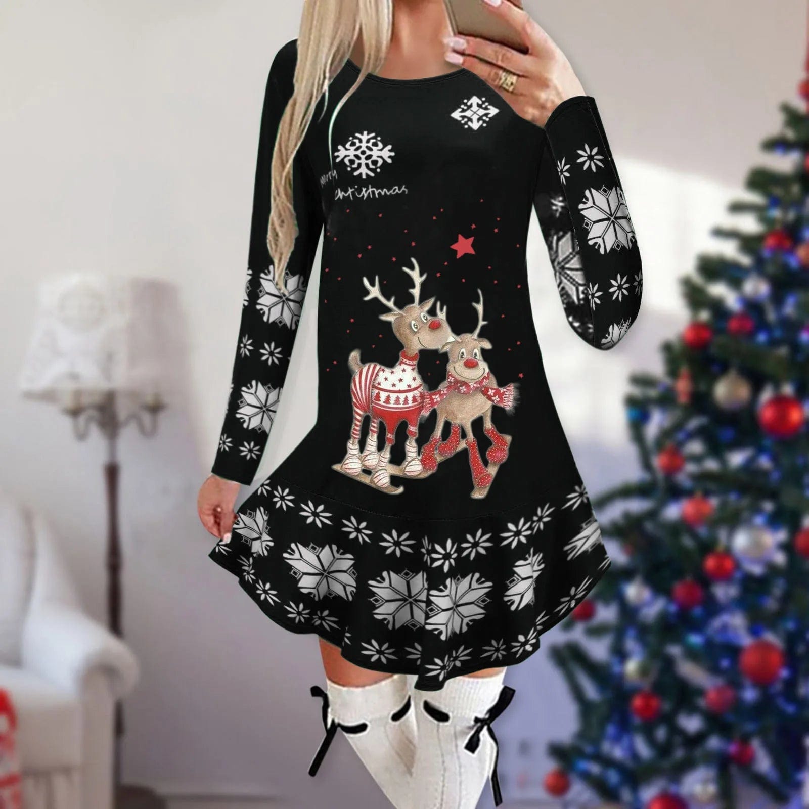 Showlu Fashion Store 19 / M Christmas Dresses for Women Elk Print Long Sleeve Mini Dress Autumn Winter Fashion Ladies Holiday Mini Dresses New Year 2024