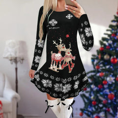 Showlu Fashion Store 19 / XXL Christmas Dresses for Women Elk Print Long Sleeve Mini Dress Autumn Winter Fashion Ladies Holiday Mini Dresses New Year 2024