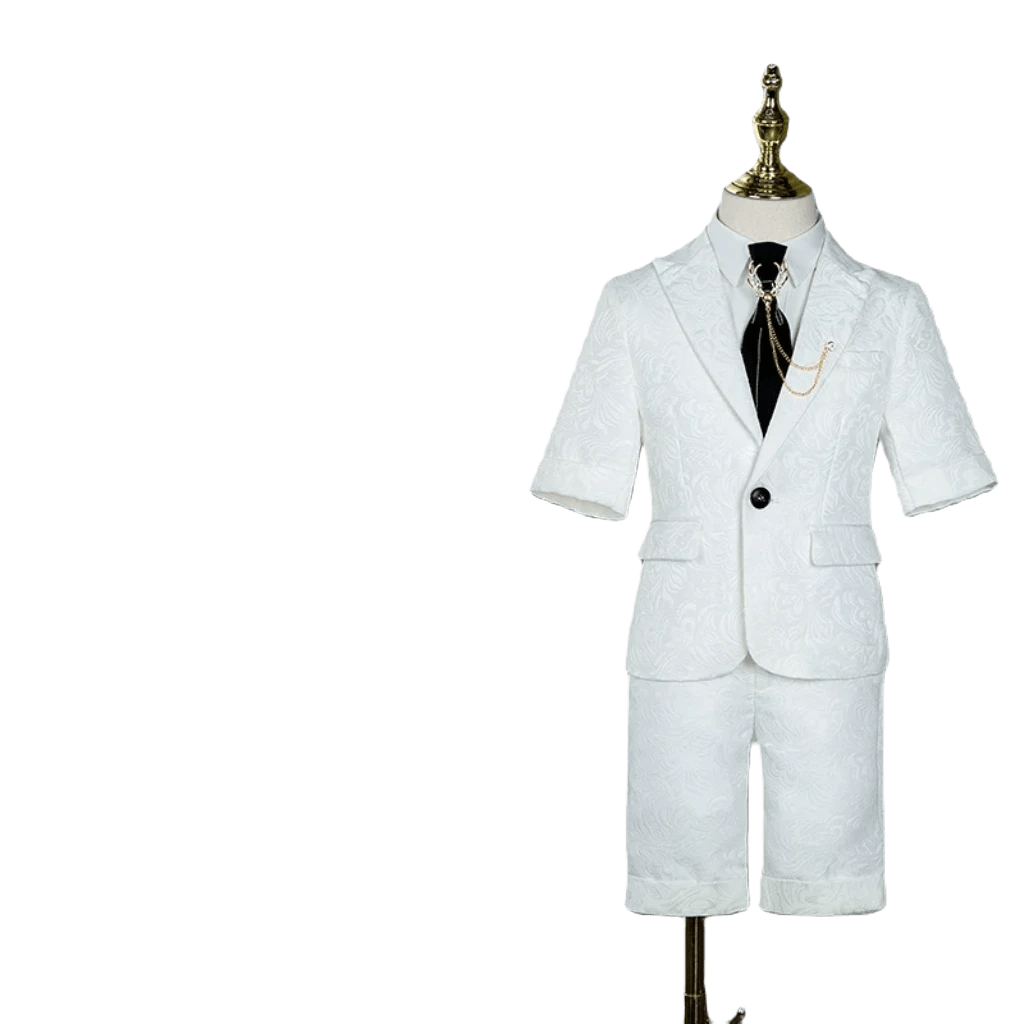 Showlu Fashion Store 1978 four-piece suit (suit + shorts + shirt + tie) / 110cm Children's Business Suit Summer Short-Sleeved Boy's Small Suit Birthday Flower Children's Dress Host Costume for Piano Performance White