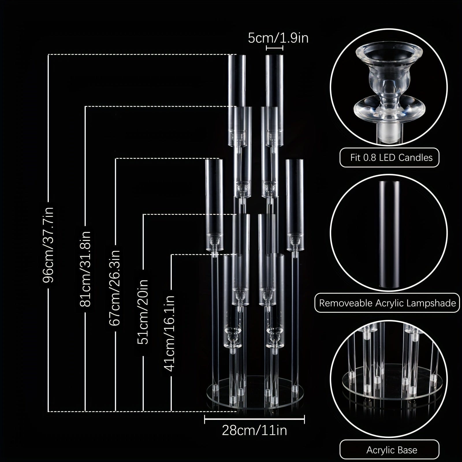 Showlu Fashion Store 1pc 37.7 Inches Tall Large 10 Arm Acrylic Candelabra Centerpieces for Tables, Floor Clear Tall Candlesticks Holder with Removable Lampshade for Wedding Party Home Decoration, Fit 0.82" LED Candles