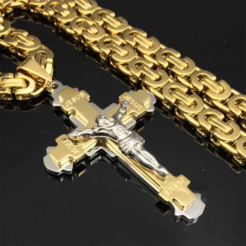 Showlu Fashion Store 1pcs Exquisite Crucifix Jesus Cross Necklace Stainless Steel Christs Pendant Byzantine Chain Men Necklaces Jewelry Gifts 24''