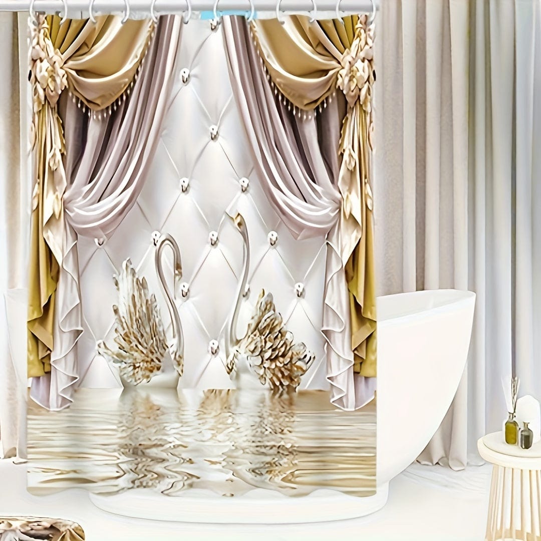 Showlu Fashion Store 1pcs Golden Floral Swan Printed Shower Curtain Set, Waterproof Bathroom Partition Curtain With Hooks, Bathroom Accessories, Aesthetic Room Decor