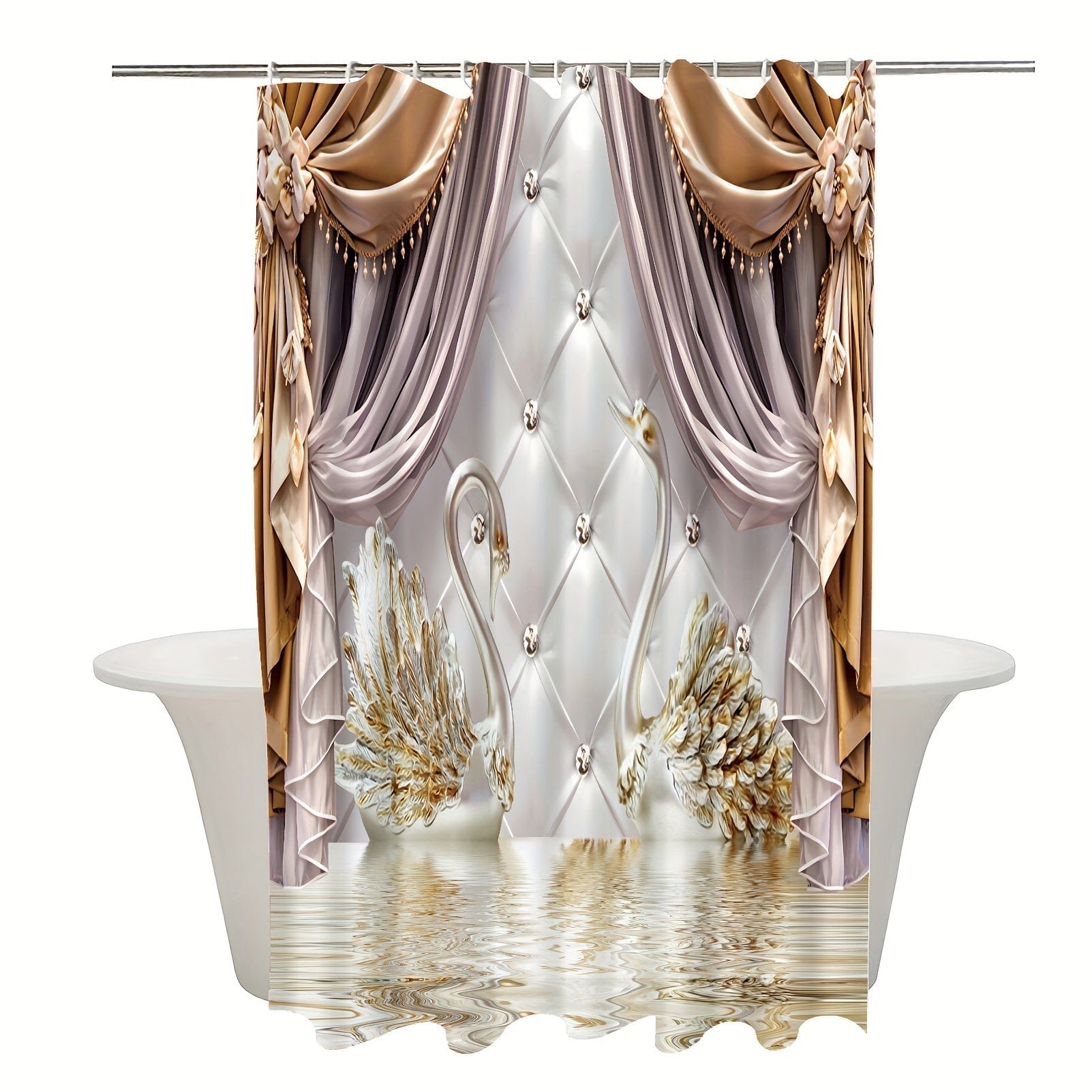 Showlu Fashion Store 1pcs Golden Floral Swan Printed Shower Curtain Set, Waterproof Bathroom Partition Curtain With Hooks, Bathroom Accessories, Aesthetic Room Decor