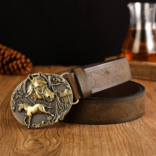  Showlu Fashion Store 2 / 120cm Western Cowboy PU Leather Belt - Men Waist Strap Bull Decoration Floral Engraved for Jeans