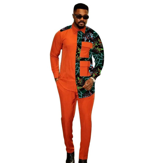  Showlu Fashion Store 2 / 4XL Nigerian Fashion Light Orange Shirts+Trousers Mens Party Suit African Print Male Casual Outfits 2 Pieces Wedding Costume