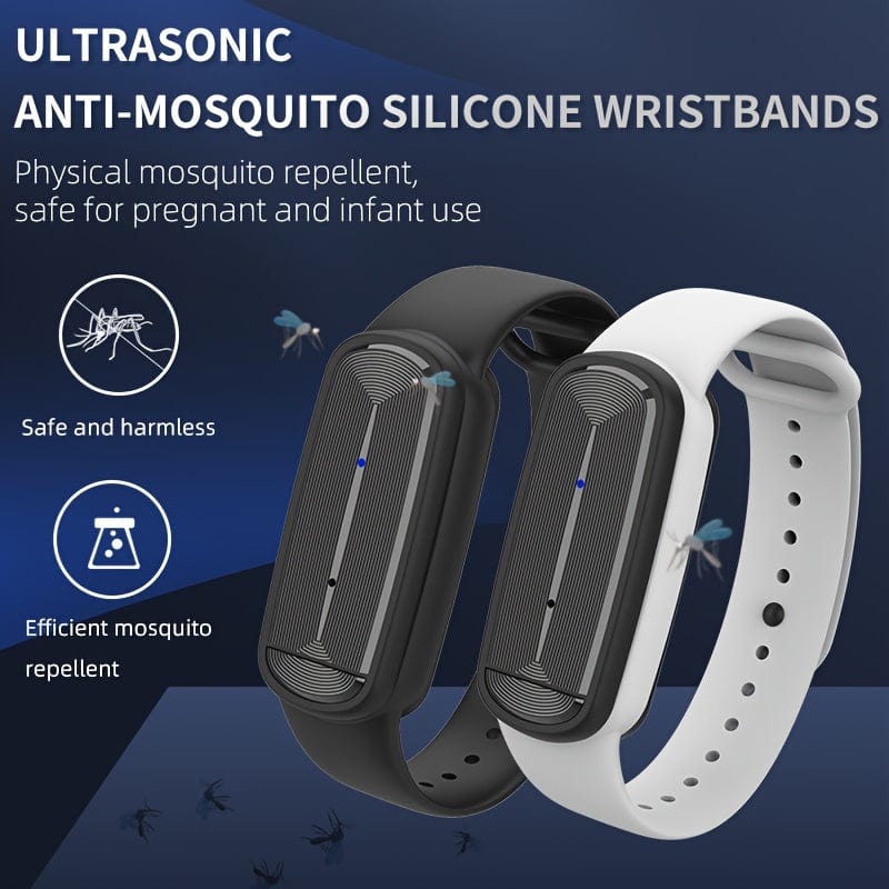 Showlu Ultrasonic Mosquito Repellent Band in black and white, USB rechargeable electronic watch for outdoor mosquito prevention.