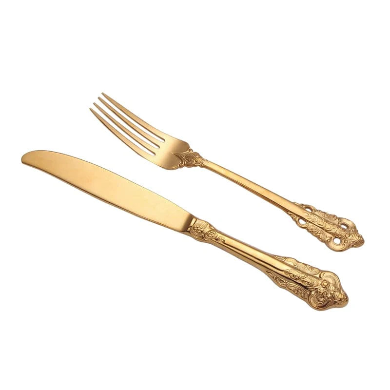 Nordic Relief Golden stainless steel Western tableware set with knife, fork, and spoon, featuring sleek design and durable 304 stainless steel.
