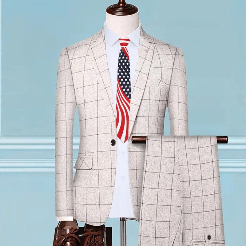 Showlu Fashion Store 2 Pcs Set Beige 1 / Asian 4XL is Eur 2XL British Style Men Plaid Vest Blazer Pants 3 Pieces Set / Male Fashion High End Slim Wedding Banquet Business Suit Jacket Coat