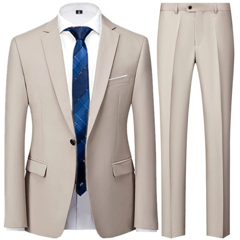 Showlu Fashion Store 2 Pcs Set Beige / Asian L is US XS Business Suit Jacket Coat Blazers Trousers Waistcoat Men Wedding Three Pieces Pants Vest Large Size Professional Dress 3 Pcs Set