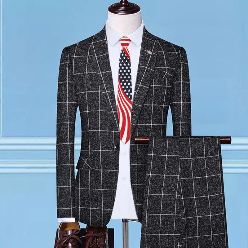 Showlu Fashion Store 2 Pcs Set Black / Asian 4XL is Eur 2XL British Style Men Plaid Vest Blazer Pants 3 Pieces Set / Male Fashion High End Slim Wedding Banquet Business Suit Jacket Coat