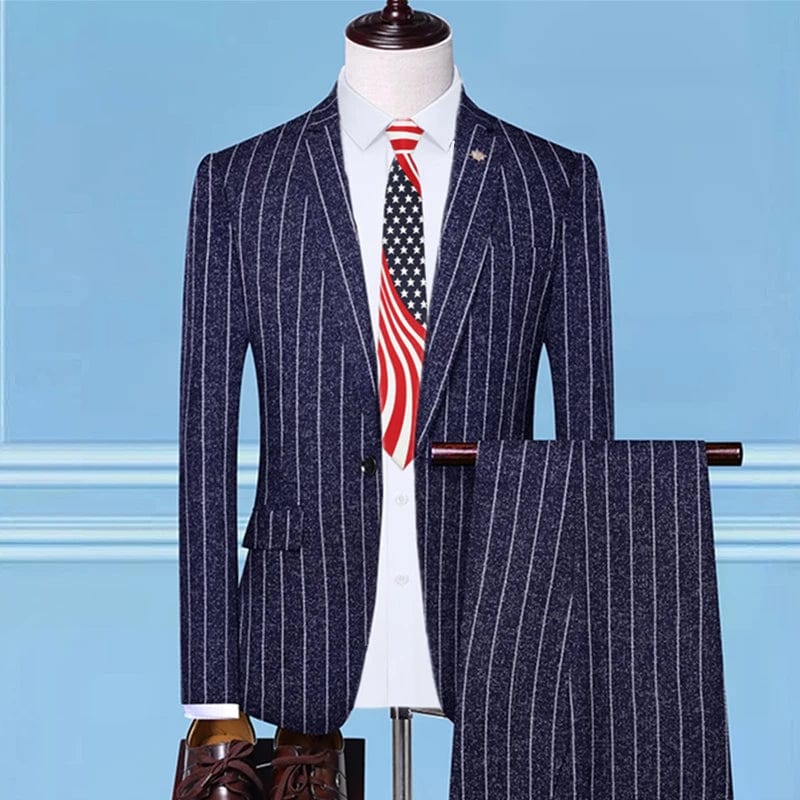 Showlu Fashion Store 2 Pcs Set Blue 1 / Asian 4XL is Eur 2XL British Style Men Plaid Vest Blazer Pants 3 Pieces Set / Male Fashion High End Slim Wedding Banquet Business Suit Jacket Coat