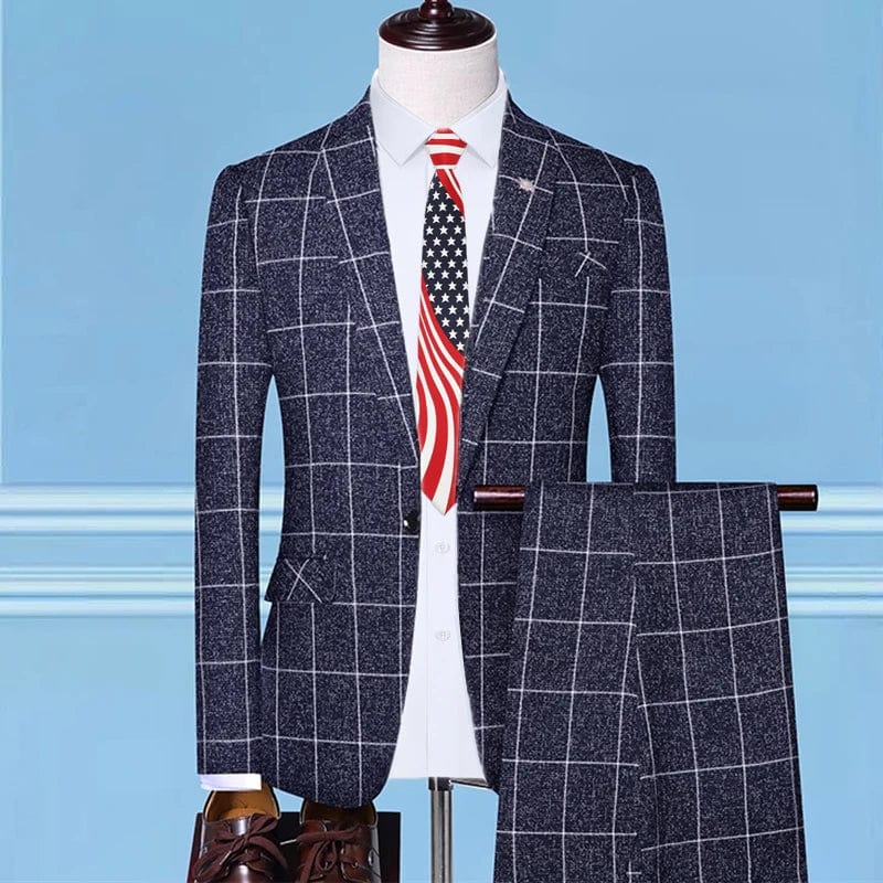 Showlu Fashion Store 2 Pcs Set Blue / Asian 4XL is Eur 2XL British Style Men Plaid Vest Blazer Pants 3 Pieces Set / Male Fashion High End Slim Wedding Banquet Business Suit Jacket Coat