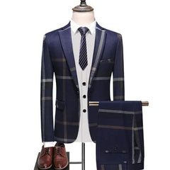 SHOWLU FASHION STORE 2 pcs set blue / Asian 5XL is Eur 3XL 3 Pcs Suits Set Coat Vest Pants / 2023 Fashion Men's Casual Boutique Business Plaid Slim Formal Dress Blazers Jacket Waistcoat