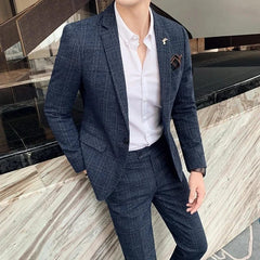  Showlu Fashion Store 2 Pcs Set Blue / Asian XXL is US S Men's Suit Jacket Vest Pants Fashion Boutique Plaid Casual Business Male Groom Wedding Tuxedo Dress 3 Pieces Set Blazers Coat