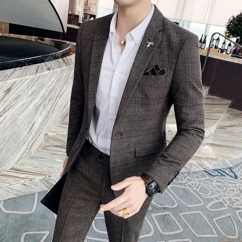  Showlu Fashion Store 2 Pcs Set Brown / Asian XXL is US S Men's Suit Jacket Vest Pants Fashion Boutique Plaid Casual Business Male Groom Wedding Tuxedo Dress 3 Pieces Set Blazers Coat