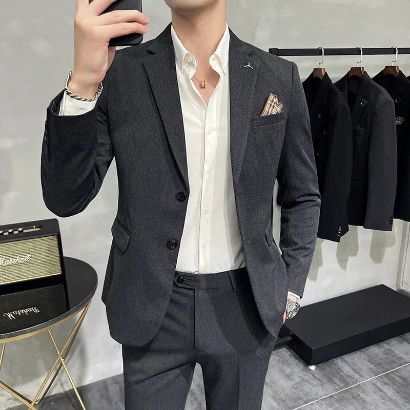  Showlu Fashion Store 2 Pcs Set Dark Gray / Asian XXL is US S Men's Suit Jacket Vest Pants Fashion Boutique Plaid Casual Business Male Groom Wedding Tuxedo Dress 3 Pieces Set Blazers Coat