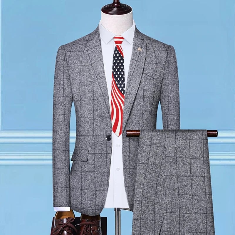 Showlu Fashion Store 2 Pcs Set Gray 1 / Asian 4XL is Eur 2XL British Style Men Plaid Vest Blazer Pants 3 Pieces Set / Male Fashion High End Slim Wedding Banquet Business Suit Jacket Coat