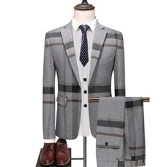 SHOWLU FASHION STORE 2 pcs set gray / Asian S is Eur XXS 3 Pcs Suits Set Coat Vest Pants / 2023 Fashion Men's Casual Boutique Business Plaid Slim Formal Dress Blazers Jacket Waistcoat