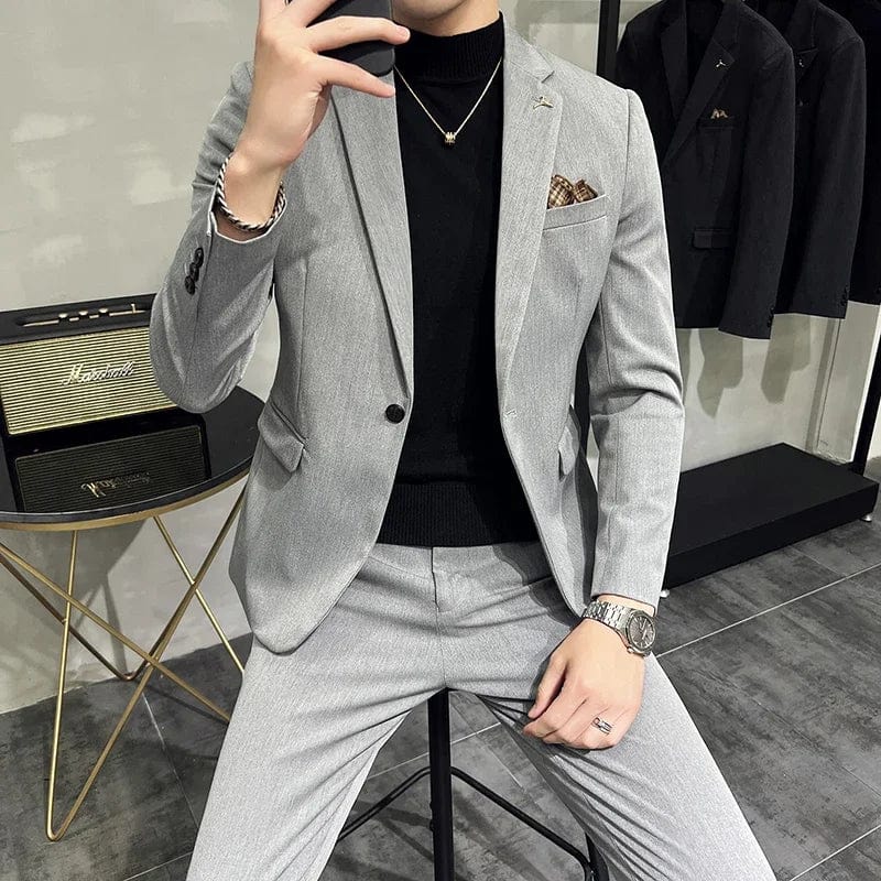  Showlu Fashion Store 2 Pcs Set Light Gray / Asian XXL is US S Men's Suit Jacket Vest Pants Fashion Boutique Plaid Casual Business Male Groom Wedding Tuxedo Dress 3 Pieces Set Blazers Coat