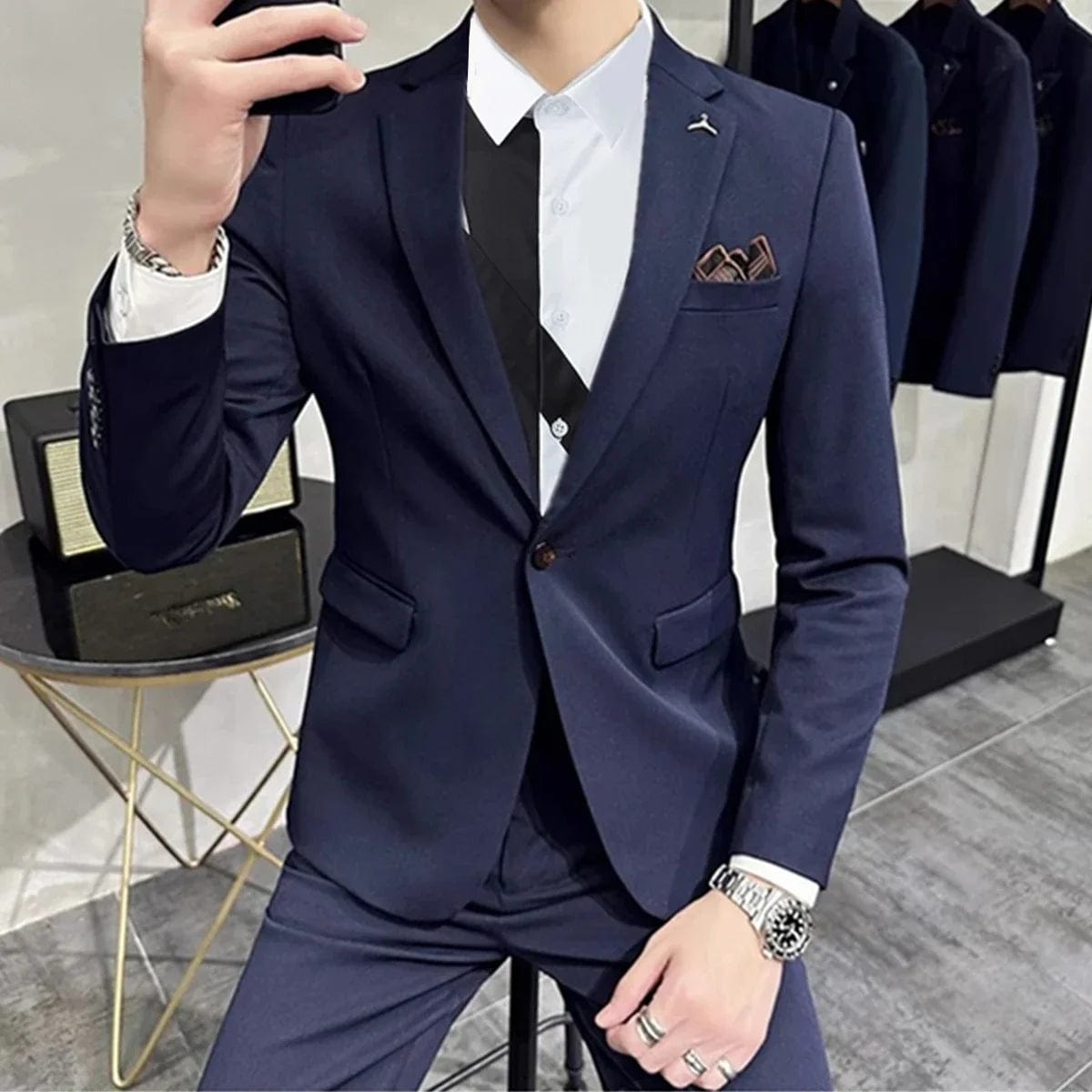  Showlu Fashion Store 2 Pcs Set Navy / Asian XXL is US S Men's Suit Jacket Vest Pants Fashion Boutique Plaid Casual Business Male Groom Wedding Tuxedo Dress 3 Pieces Set Blazers Coat