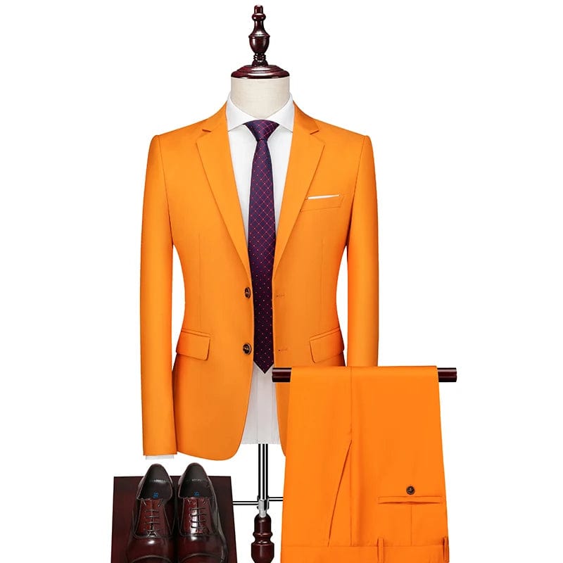 SHOWLU FASHION STORE 2 Pcs Set Orange / Asian L is US XXS 16 Color Basic Style Men's Casual Solid Color 3 Pieces Suits / Male One Button Blazers Jacker Coat Trousers Pants Vest Waistcoat