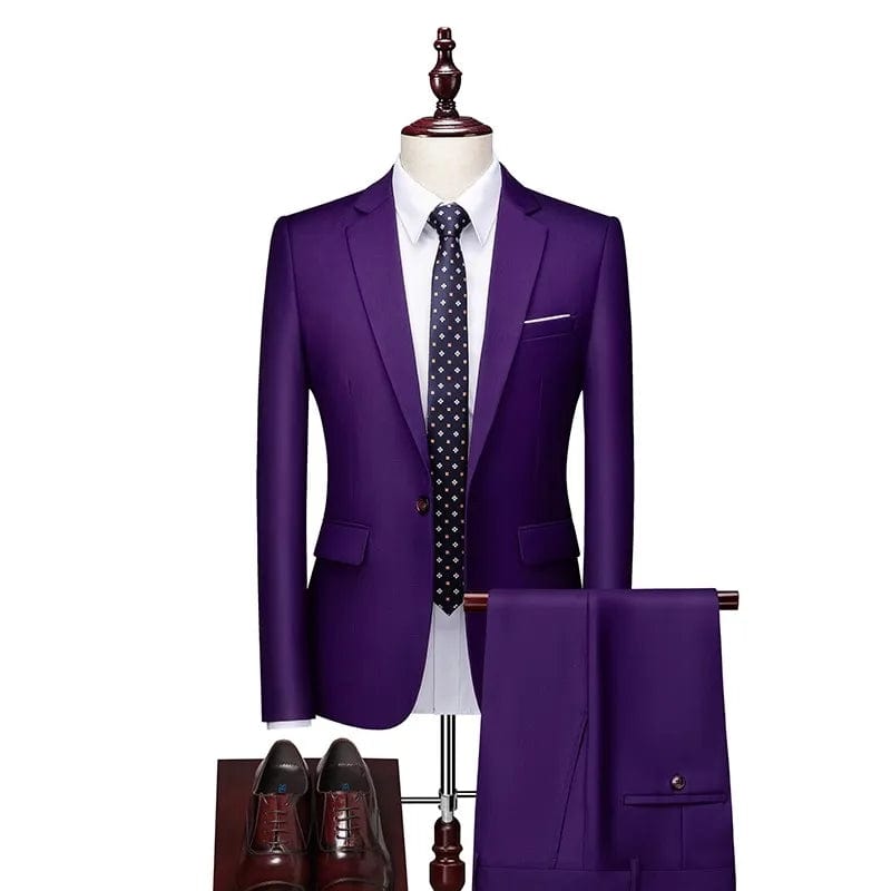 SHOWLU FASHION STORE 2 Pcs Set Purple / Asian L is US XXS 16 Color Basic Style Men's Casual Solid Color 3 Pieces Suits / Male One Button Blazers Jacker Coat Trousers Pants Vest Waistcoat