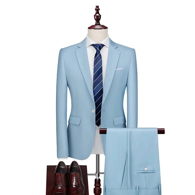 SHOWLU FASHION STORE 2 Pcs Set Sky Blue / Asian L is US XXS 16 Color Basic Style Men's Casual Solid Color 3 Pieces Suits / Male One Button Blazers Jacker Coat Trousers Pants Vest Waistcoat