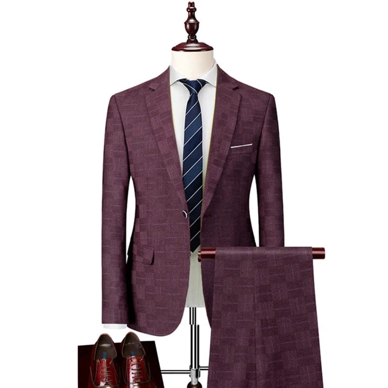  Showlu Fashion Store 2 Pcs Set wine / Asian S is Eur XXS Plaid Suit Men Blazer Vest Pants Business British Style Wedding Dress Banquet High End Slim Fit Jacket Trousers 3 Piece Set