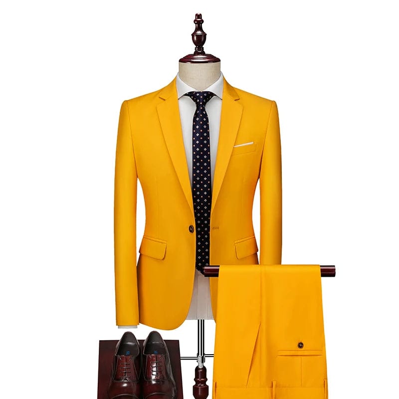 SHOWLU FASHION STORE 2 Pcs Set Yellow 1 / Asian L is US XXS 16 Color Basic Style Men's Casual Solid Color 3 Pieces Suits / Male One Button Blazers Jacker Coat Trousers Pants Vest Waistcoat