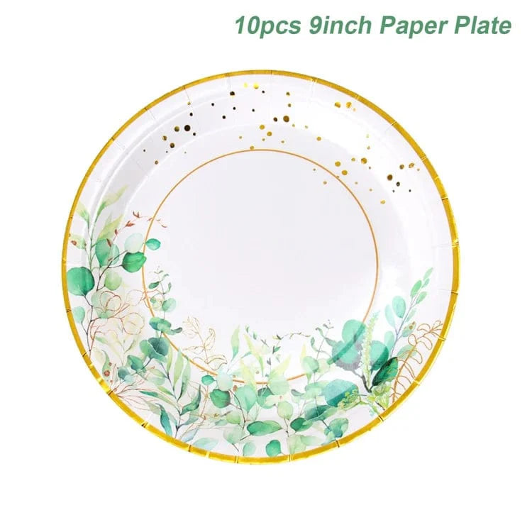 Sage green and gold disposable tableware set with paper plates, cups, and napkins for wedding or party decor.