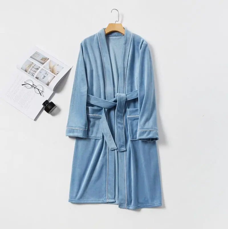 Blue Showlu Men's fleece nightgown with long sleeves, breathable velour fabric, cozy and skin-friendly for comfortable sleep.