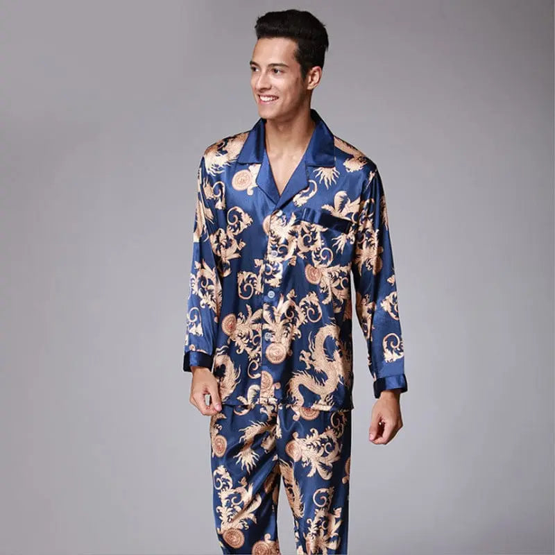 Showlu Fashion men's two-piece pajama set with long-sleeved cotton shirt and trousers in blue, ideal for spring and summer wear.