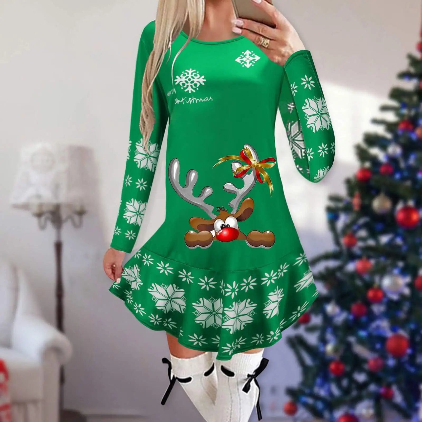 Showlu Fashion Store 2 / XL Christmas Dresses for Women Elk Print Long Sleeve Mini Dress Autumn Winter Fashion Ladies Holiday Mini Dresses New Year 2024