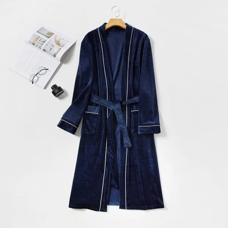 Showlu Men's navy fleece nightgown with long sleeves, breathable velour fabric, designed for warmth and comfort.